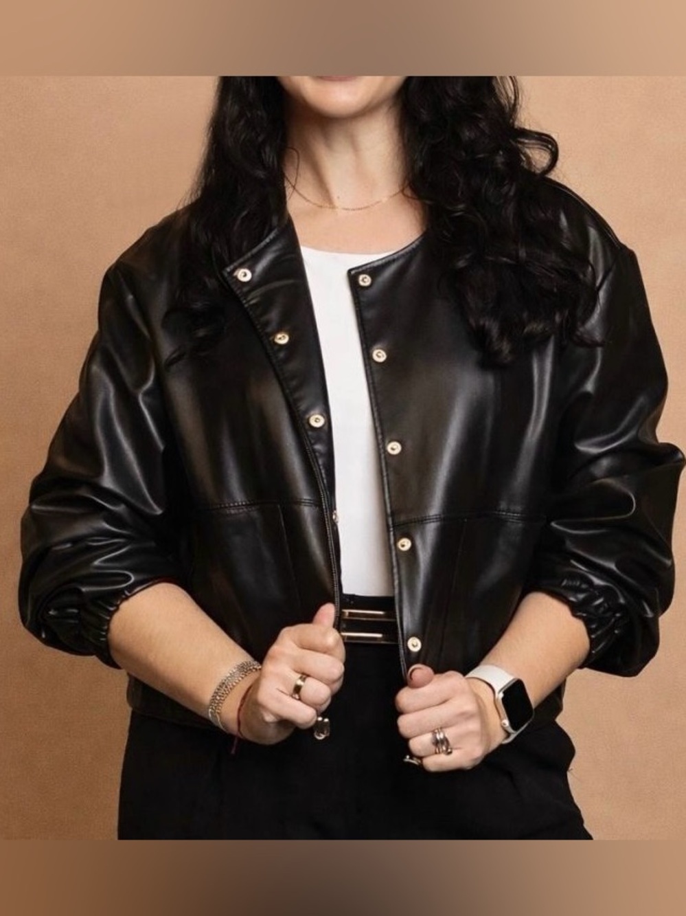 Zara Black Faux Leather Bomber Jacket - Size M